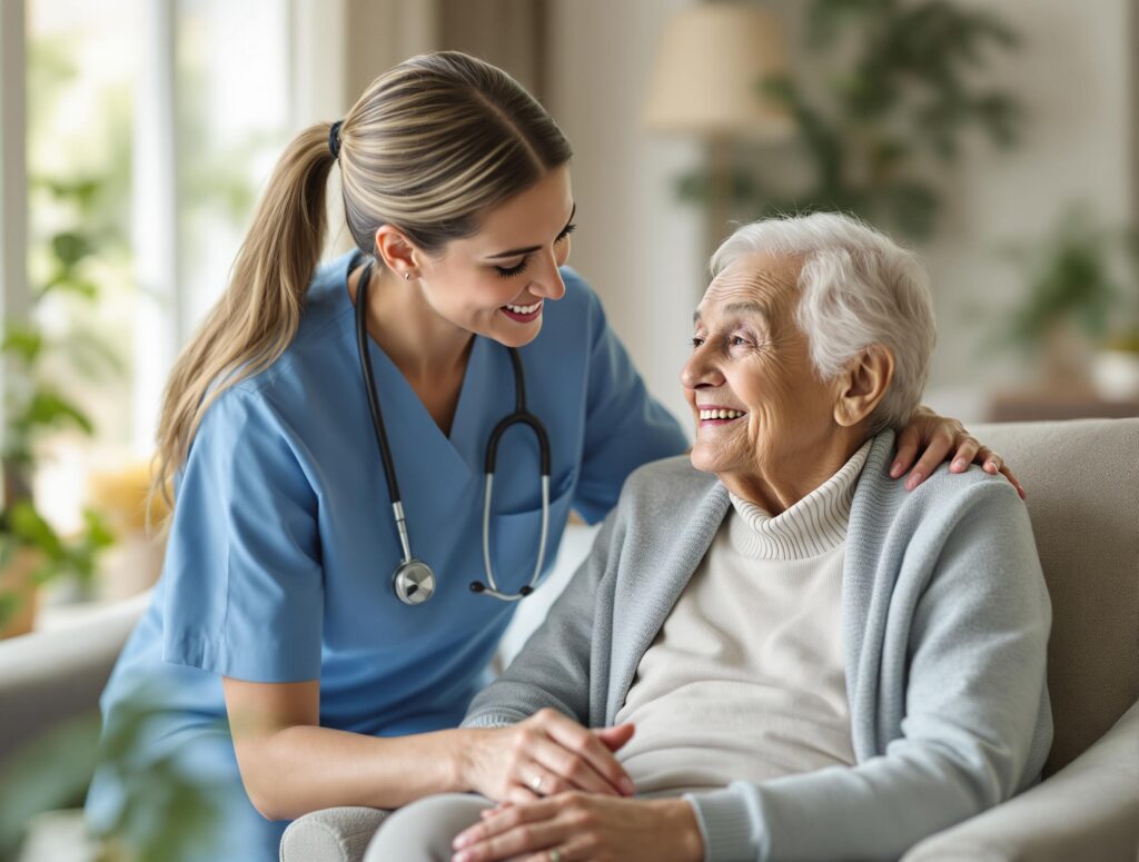 A tender moment between a caregiver and a senior resident in a serene, well-lit assisted living environment. 