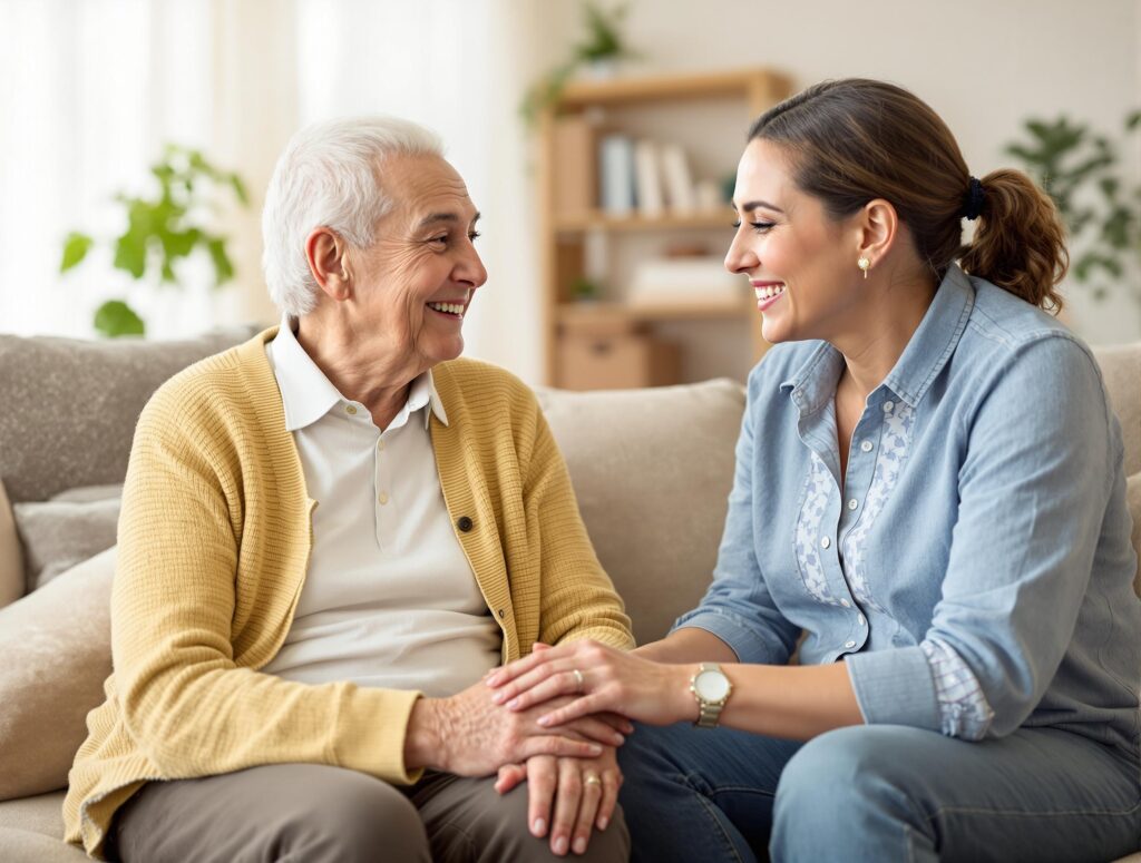  an elderly parent and adult child gently discussing the move to assisted living