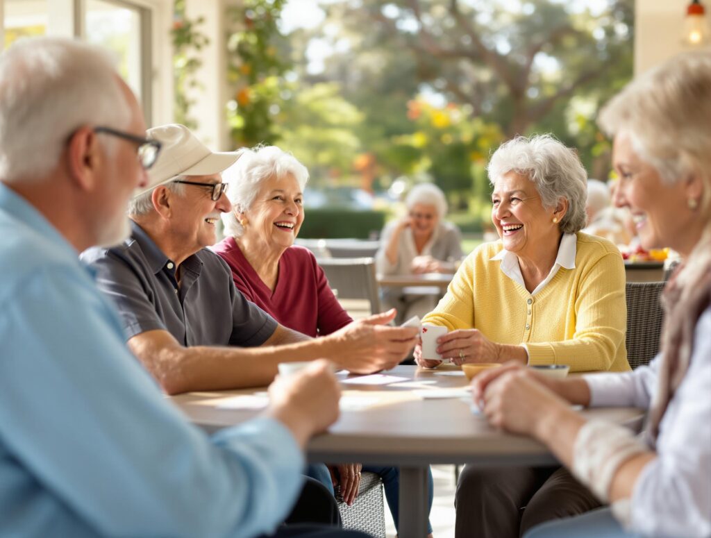 seniors engaged in friendly conversation and activities at a local community center or park in Santee, California.