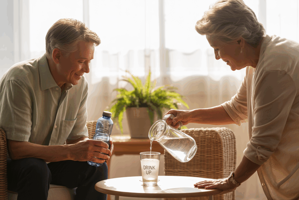 senior residents—one holding a reusable water bottle
