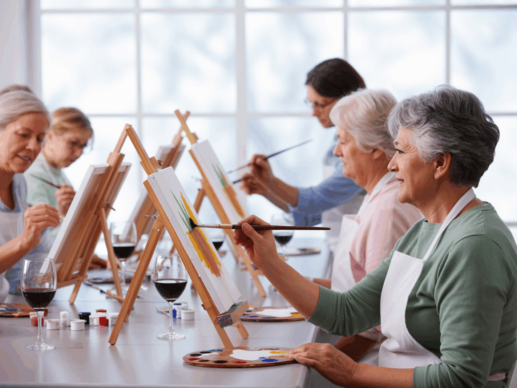 An art studio setting where a small group of seniors