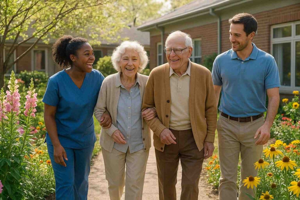 elderly couple walking through a sunlit spring garden within an assisted living community