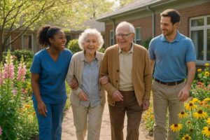 elderly couple walking through a sunlit spring garden within an assisted living community
