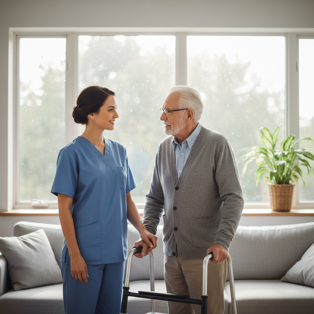 caring nurse assists an elderly man in Senior Living Facility