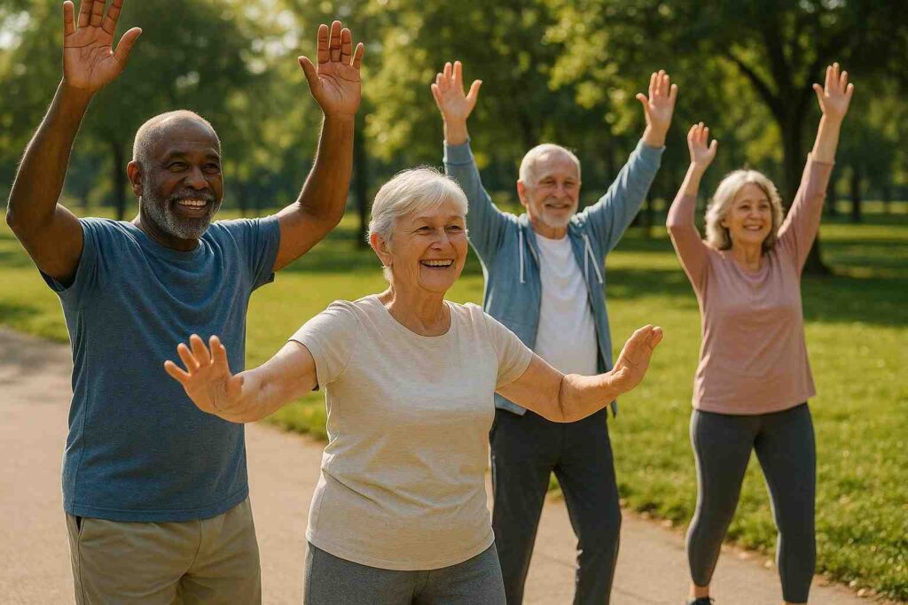 Seniors doing light group exercises outdoors