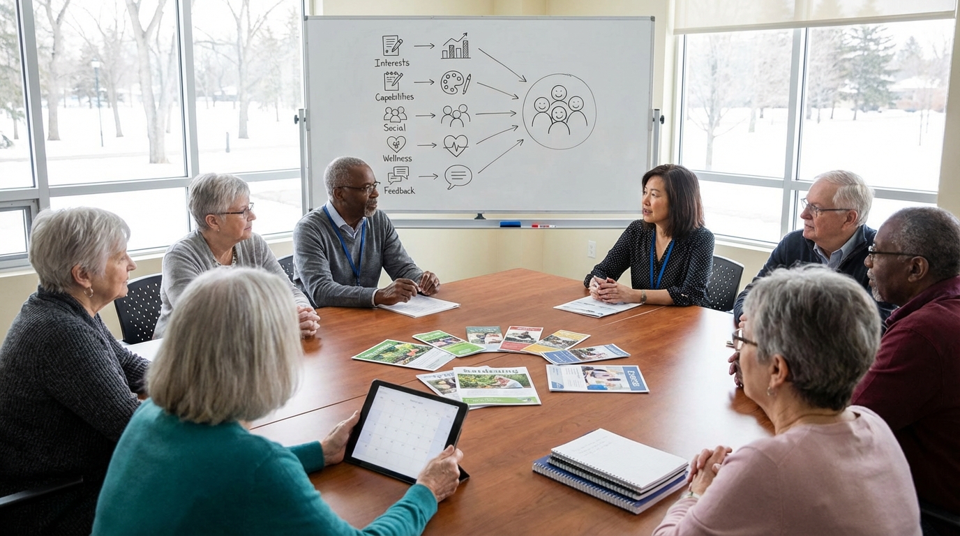 Senior activity selection methodology: research, needs, interests, safety, accessibility, enjoyment.