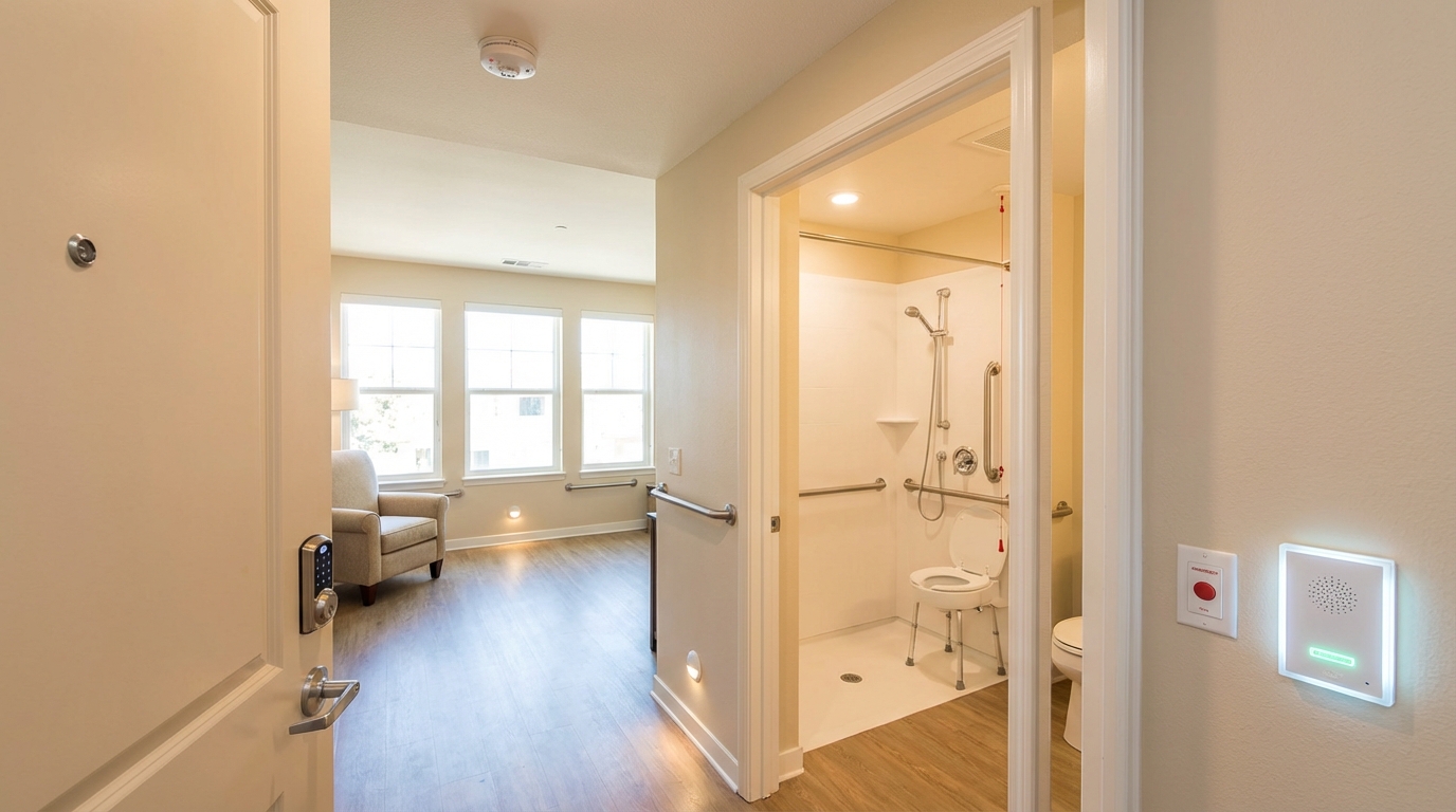 Elderly security features: senior safety, emergency call, fall detection, secure entry, surveillance.