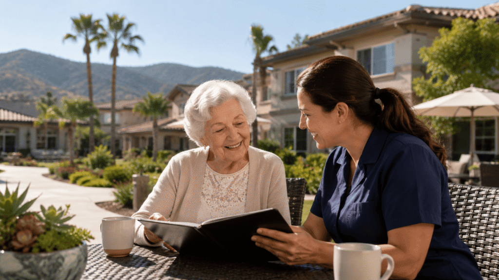 sunny patio discussion in senior community