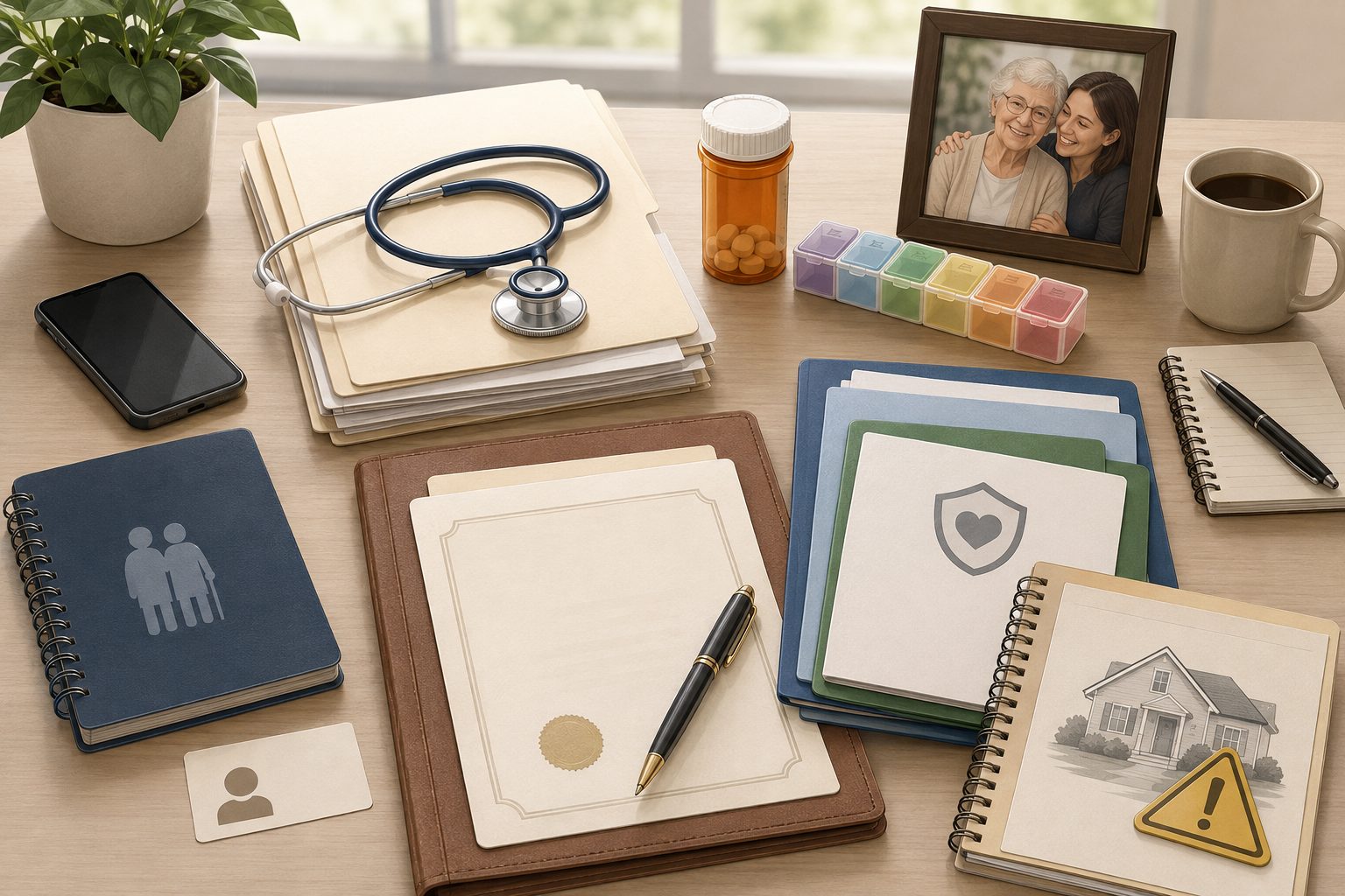 Professional illustration of elder-care assessment preparation with medical records, medications, caregiver resources, financial and legal documents, and home safety notes arranged on a desk