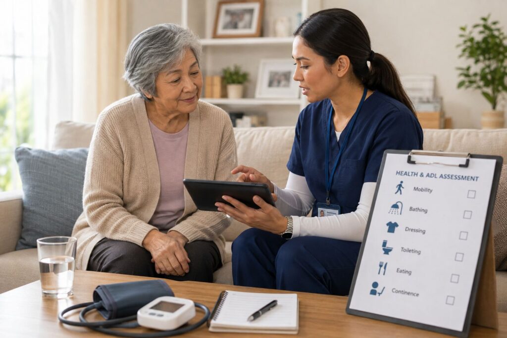 a healthcare worker assessing an elderly woman’s physical health and daily living activities at home