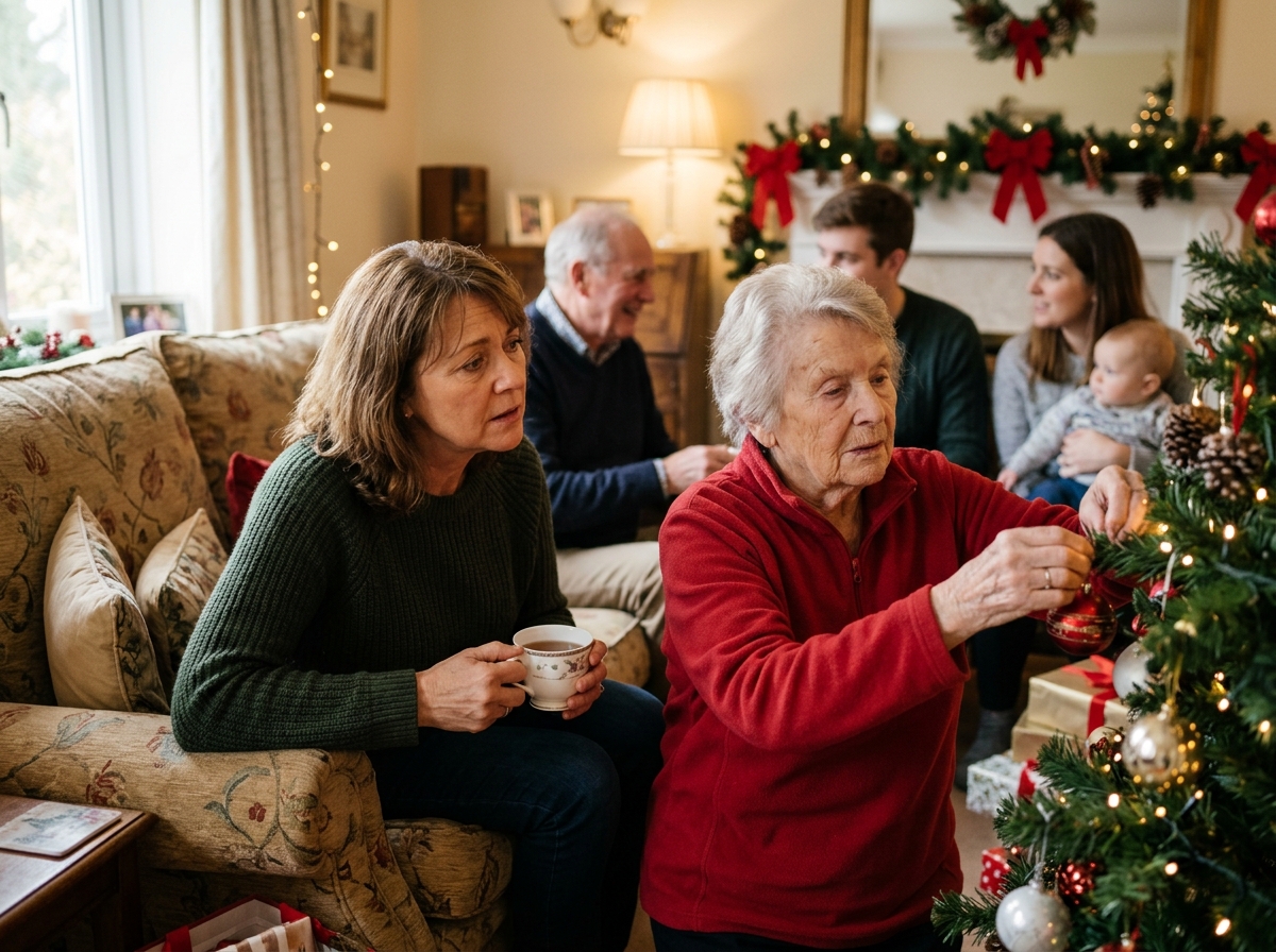 Adult daughter visiting elderly senior parent at home during holiday visit for elder care health assessment.