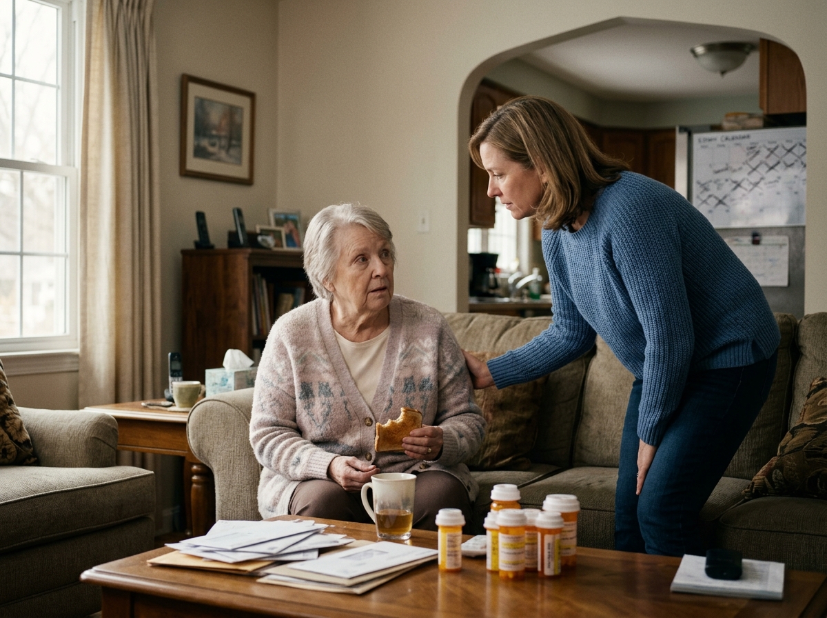 Adult child talking with aging parent about moving to senior living and assisted living care options.