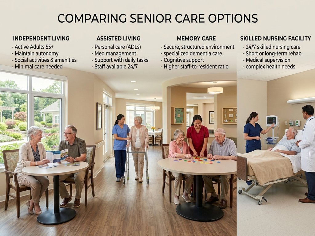 Senior care chart comparing independent living, assisted living, memory care, and skilled nursing facility options.